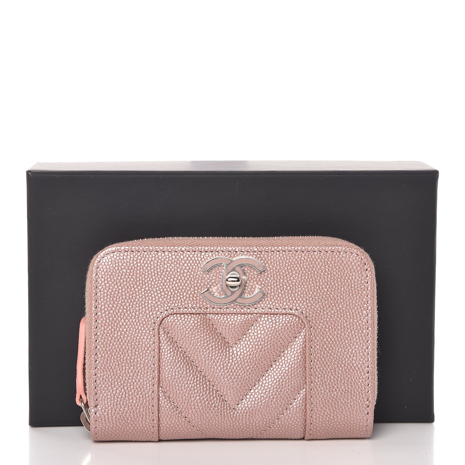 Chanel Metallic Caviar Chevron Quilted Vintage Mademoiselle Zip Coin Purse Pink 8 of 8