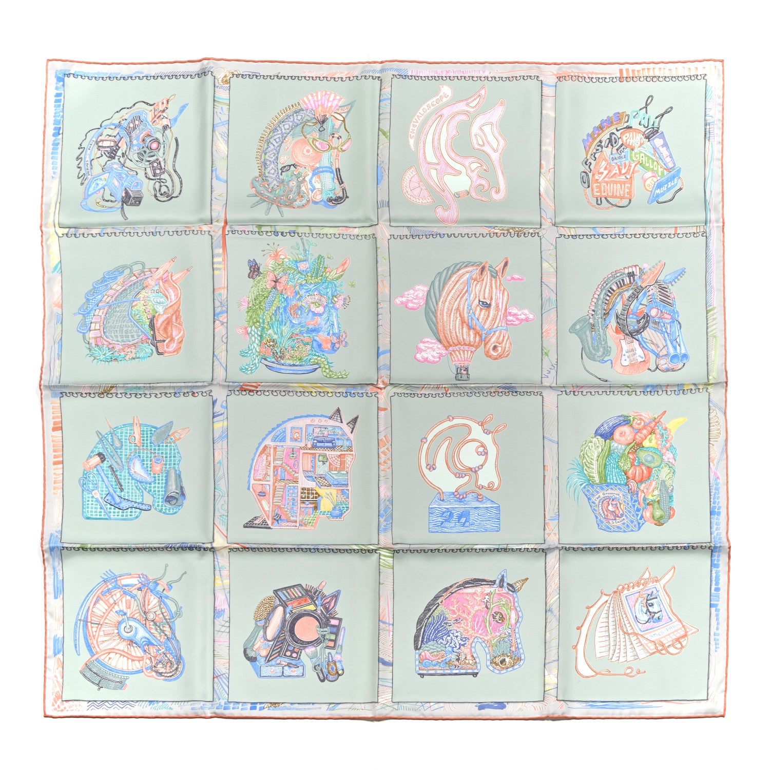 Hermes Chevaloscope Scarf 90 Vert D'eau Corail Bleu 1 of 6