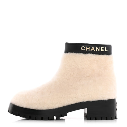 Chanel Shearling Lambskin Logo Ankle Boots 38.5 Ivory Black 1 of 14