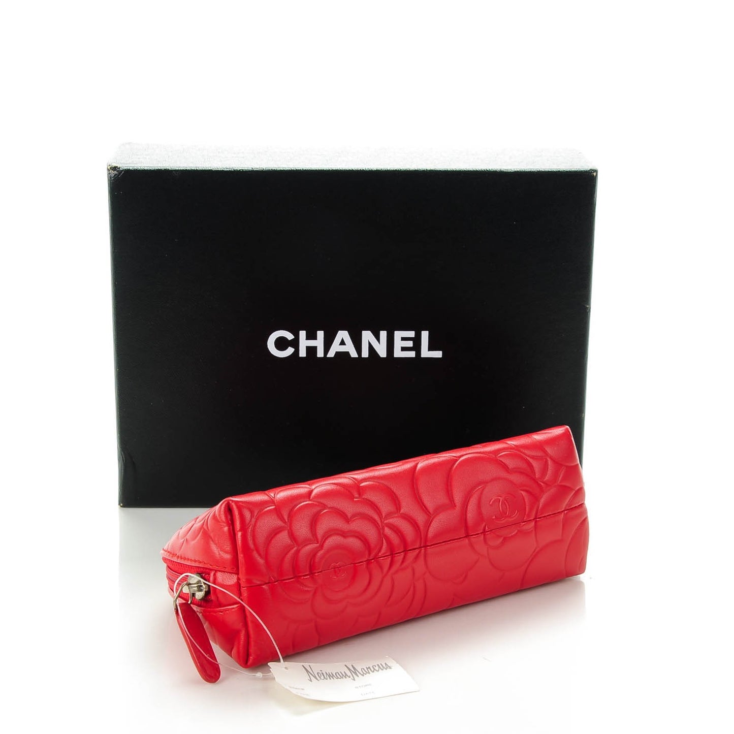 Lambskin Camellia Embossed Cosmetic Case Red