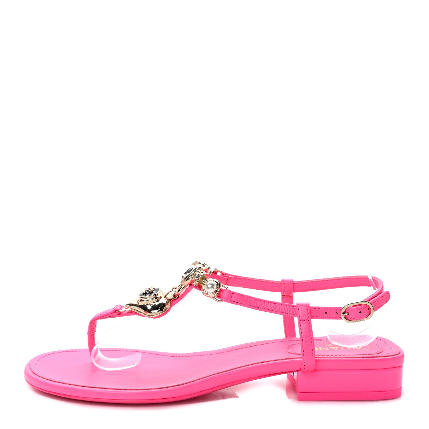 Chanel Shiny Lambskin Pearl Crystal CC Heart Thong Sandals 38 Neon Pink 1 of 8