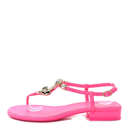 Chanel Shiny Lambskin Pearl Crystal CC Heart Thong Sandals 38 Neon Pink 1 of 8