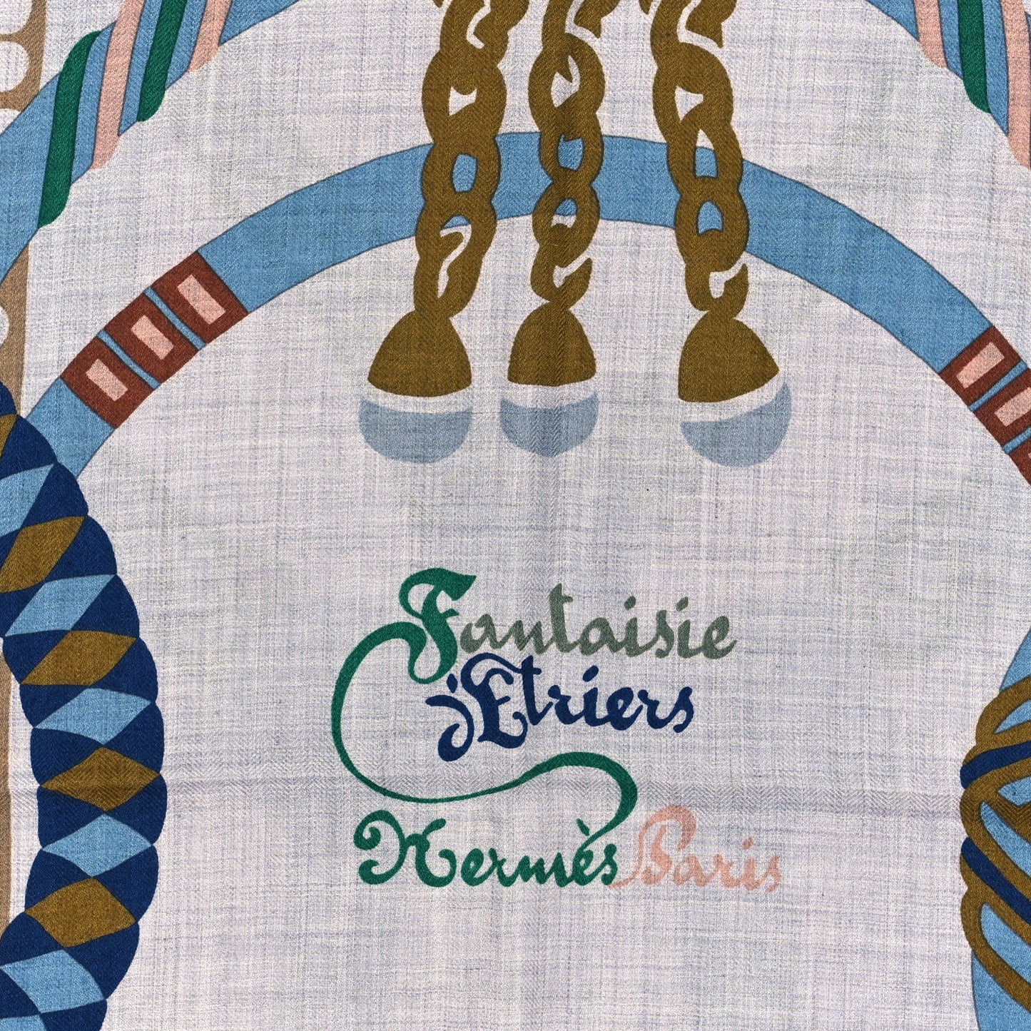Cashmere Silk Fantaisie D'etriers Shawl 140 Gris Chine Vert Bleu