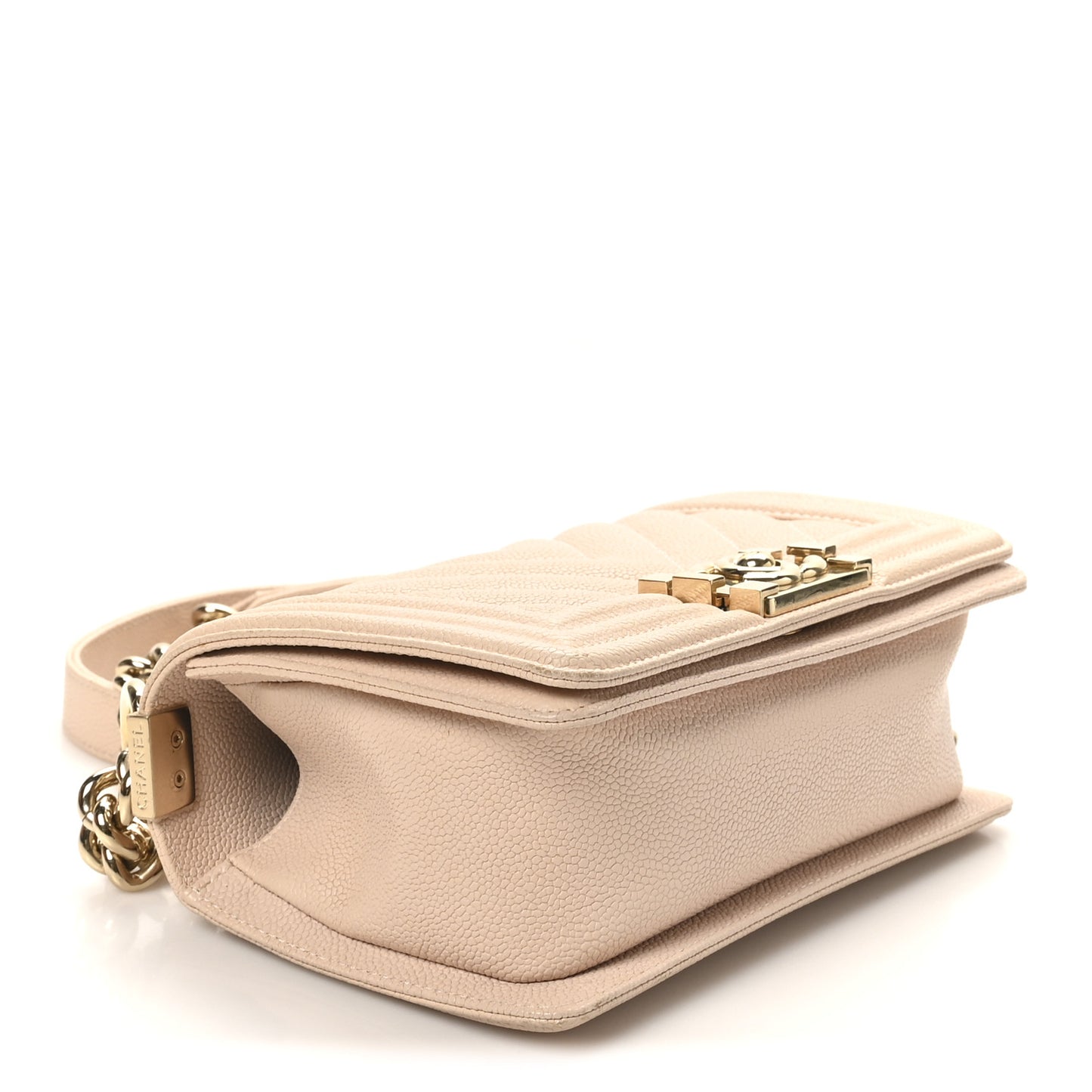 Caviar Chevron Quilted Small Boy Flap Light Beige