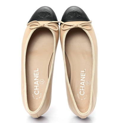 Chanel Lambskin Cap Toe CC Ballerina Flats 36.5 Beige Black 2 of 10