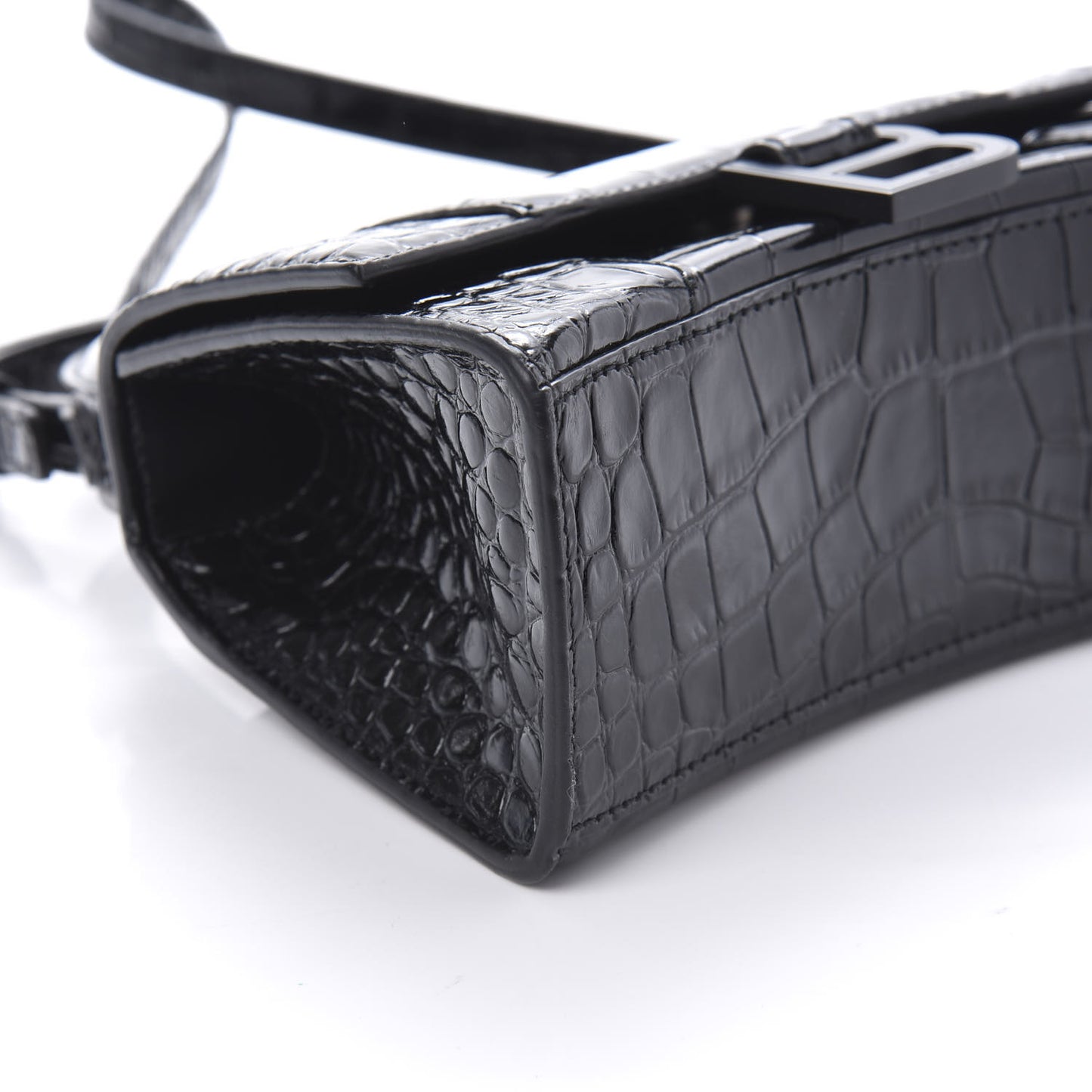 Shiny Calfskin Monochrome Crocodile Embossed Hourglass Top Handle Bag XS Black