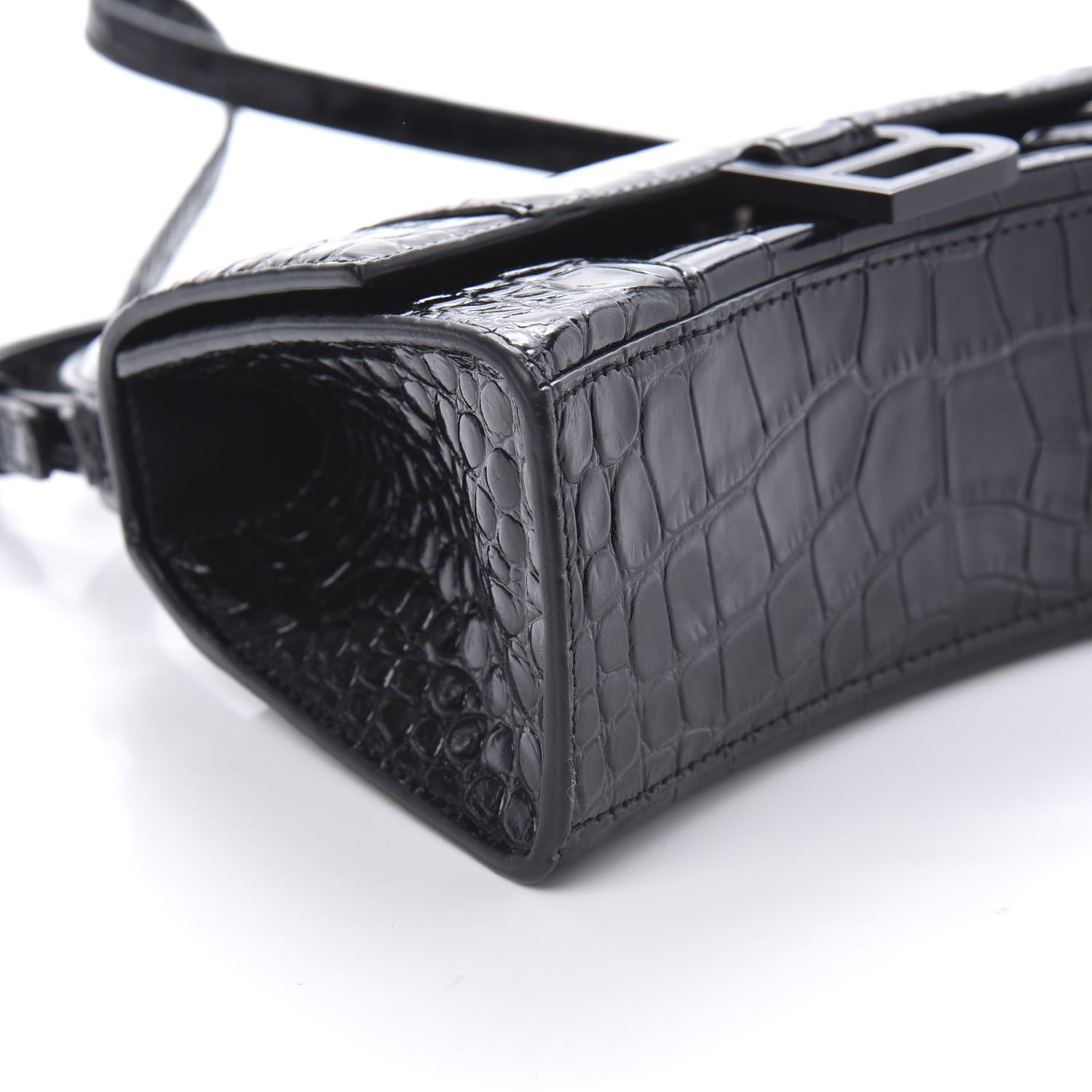 Balenciaga Shiny Calfskin Monochrome Crocodile Embossed Hourglass Top Handle Bag XS Black 6 of 9