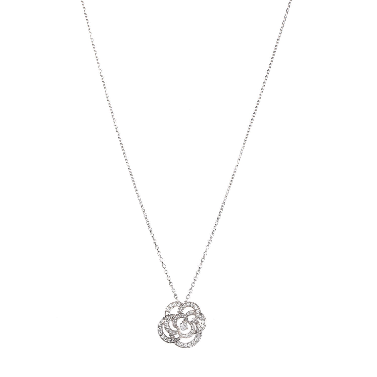 Chanel 18K White Gold Diamond Small Camelia Pendant Necklace 1 of 10