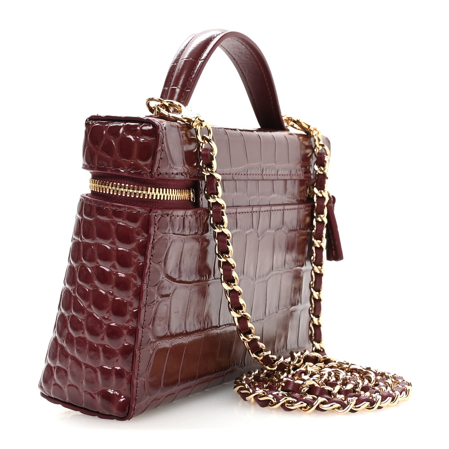 Calfskin Crocodile Embossed Exoticoco Large Supple Trapeze Vanity With Chain Dark Burgundy