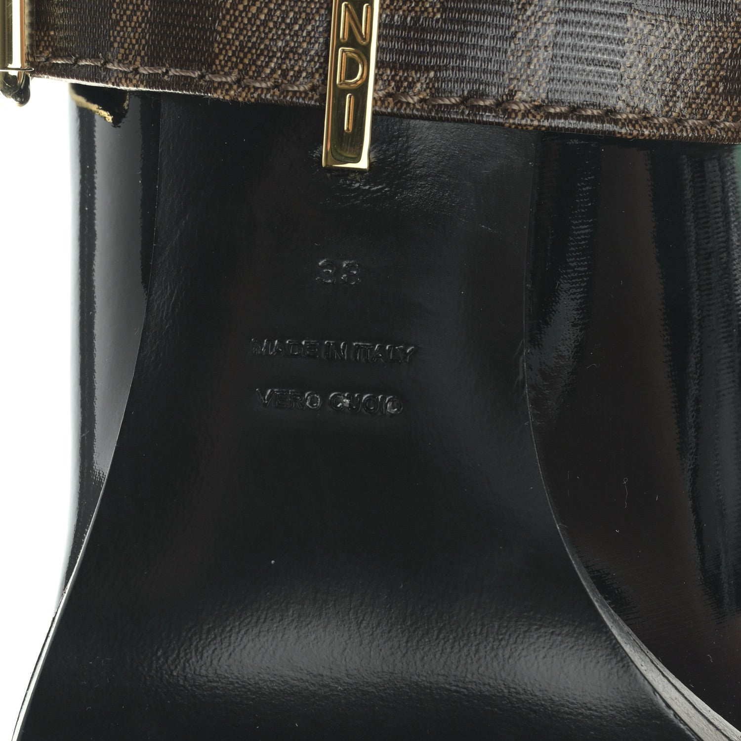 Fendi Glossy Neoprene Glazed Fabric FF FFrame Court Mary Jane Slingback Pumps 38 Black Tobacco Moro 6 of 7