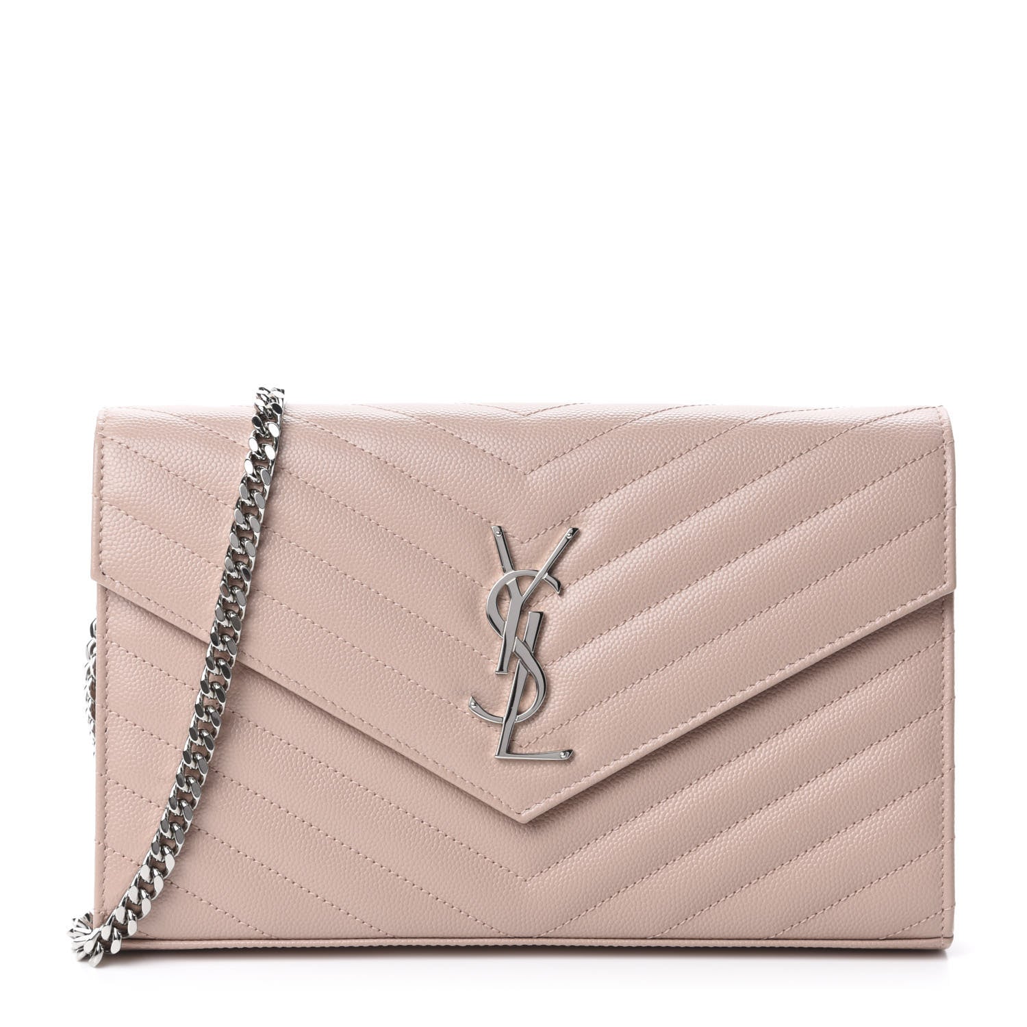 Saint Laurent Grain De Poudre Matelasse Chevron Monogram Chain Wallet Pale Pink 1 of 9