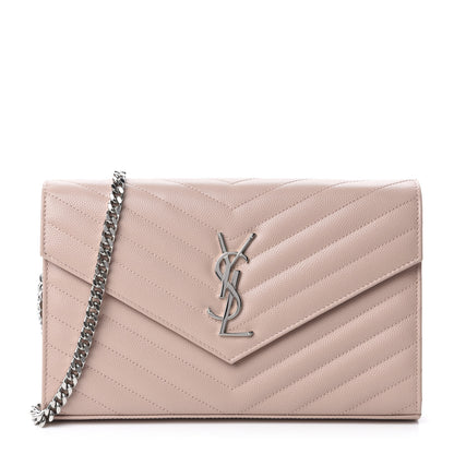 Saint Laurent Grain De Poudre Matelasse Chevron Monogram Chain Wallet Pale Pink 1 of 9