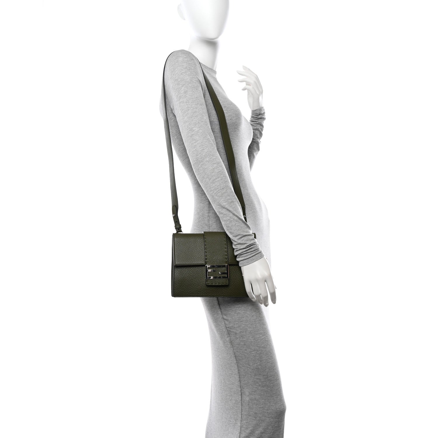 Fendi Cuoio Romano Selleria Medium Flat Baguette Oliva 2 of 12