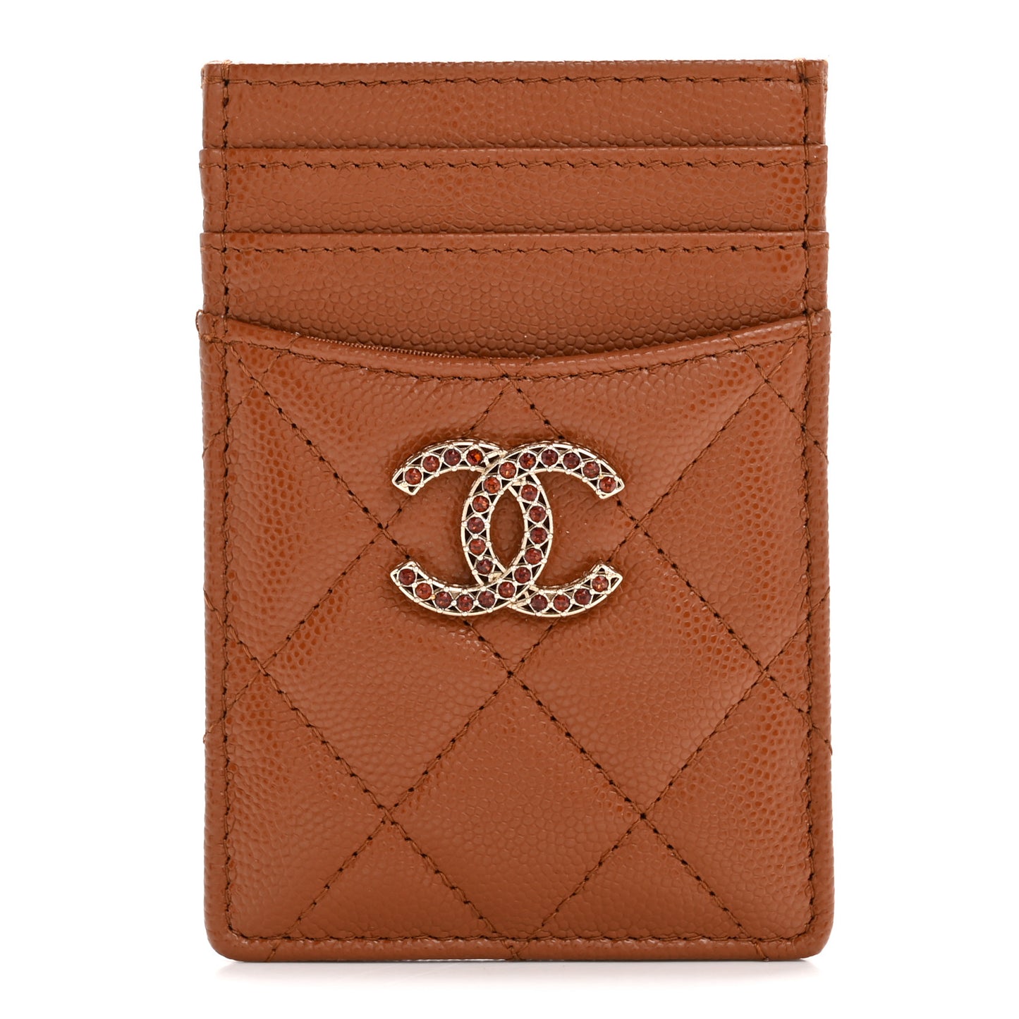 Caviar Quilted Crystal Vertical Card Holder Brown