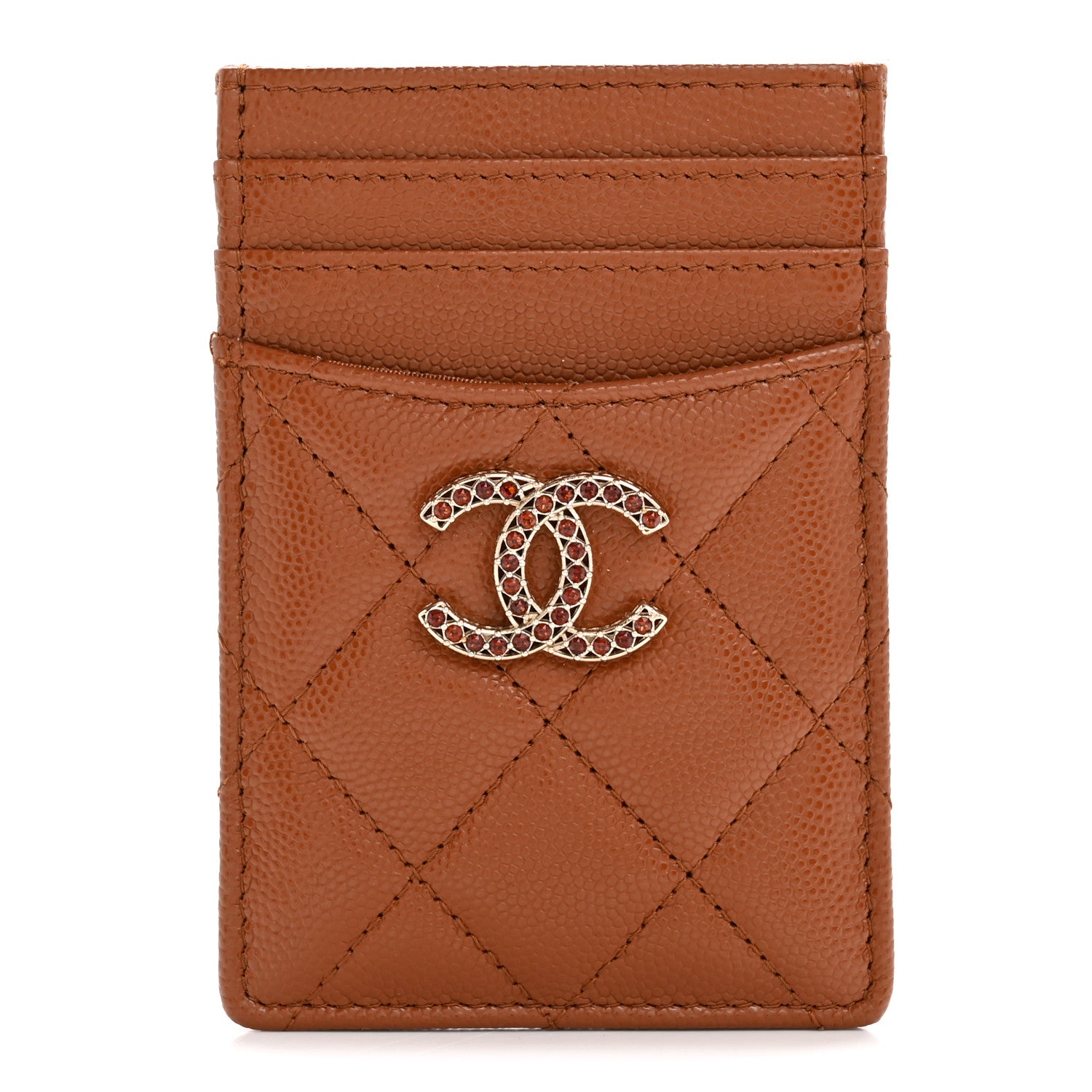 Chanel Caviar Quilted Crystal Vertical Card Holder Brown 1 of 8