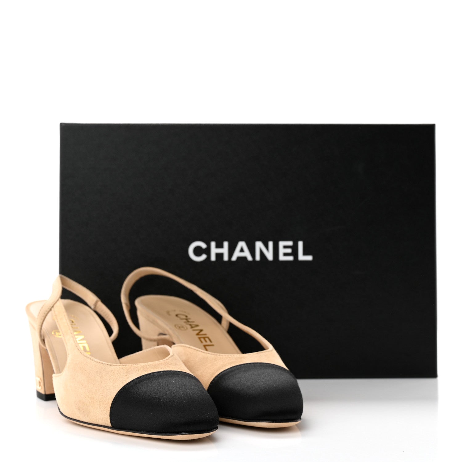 Chanel Suede Cap Toe CC Slingback Pumps 35 Beige Black 13 of 13