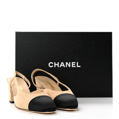 Chanel Suede Cap Toe CC Slingback Pumps 35 Beige Black 13 of 13