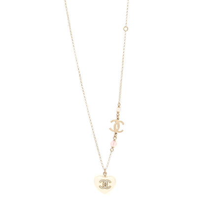 Chanel Resin Crystal CC Heart Necklace Pearly White Gold 1 of 3
