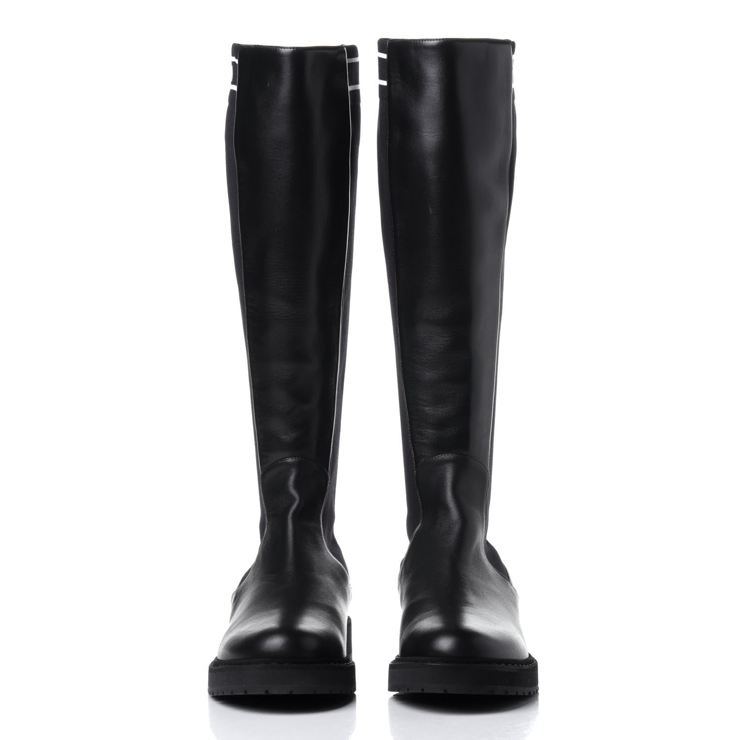 Fendi Lambskin Stretch Fabric Logo Rockoko Tall Boots 37 Black White 2 of 14