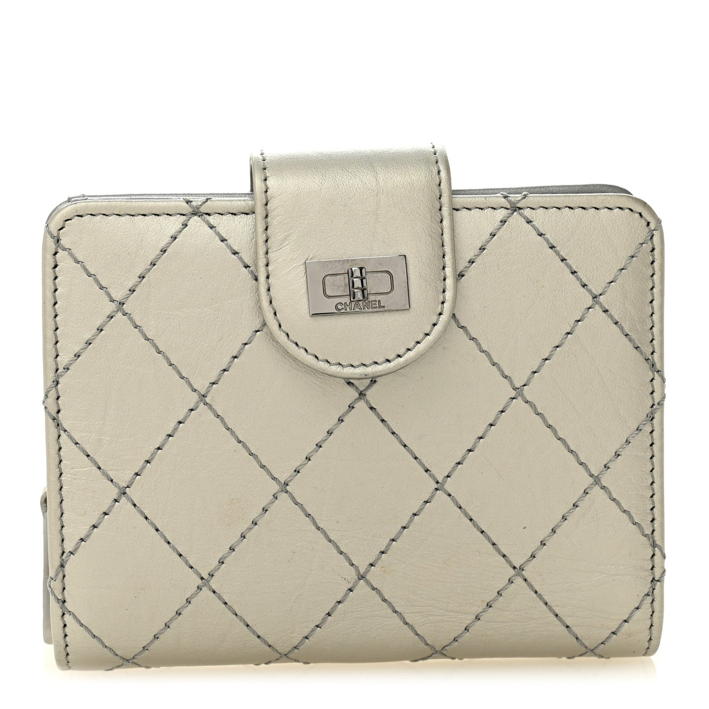 Metallic Aged Calfskin Stitched Reissue Compact Wallet  Silver