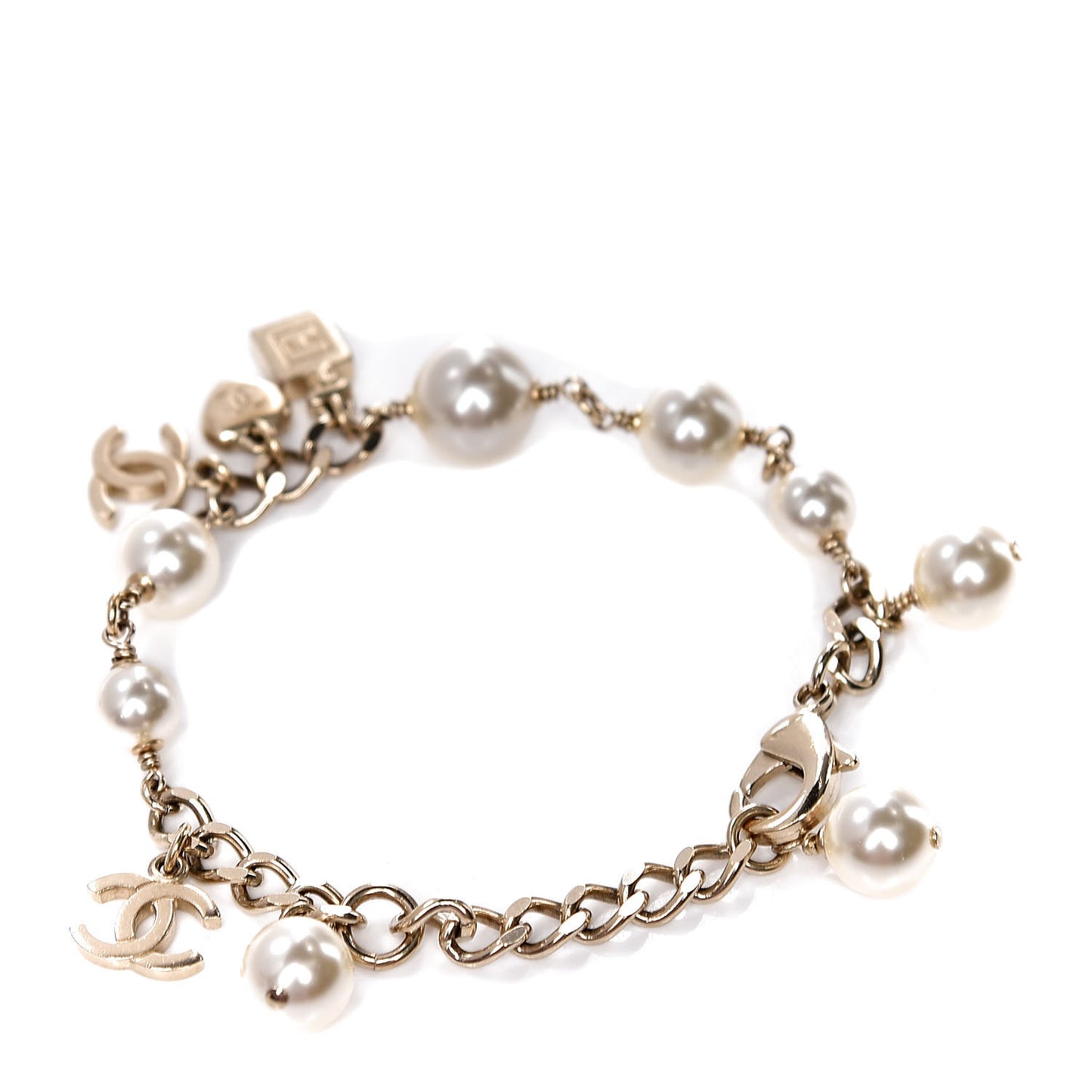 Pearl Bead CC Charm Bracelet Light Gold