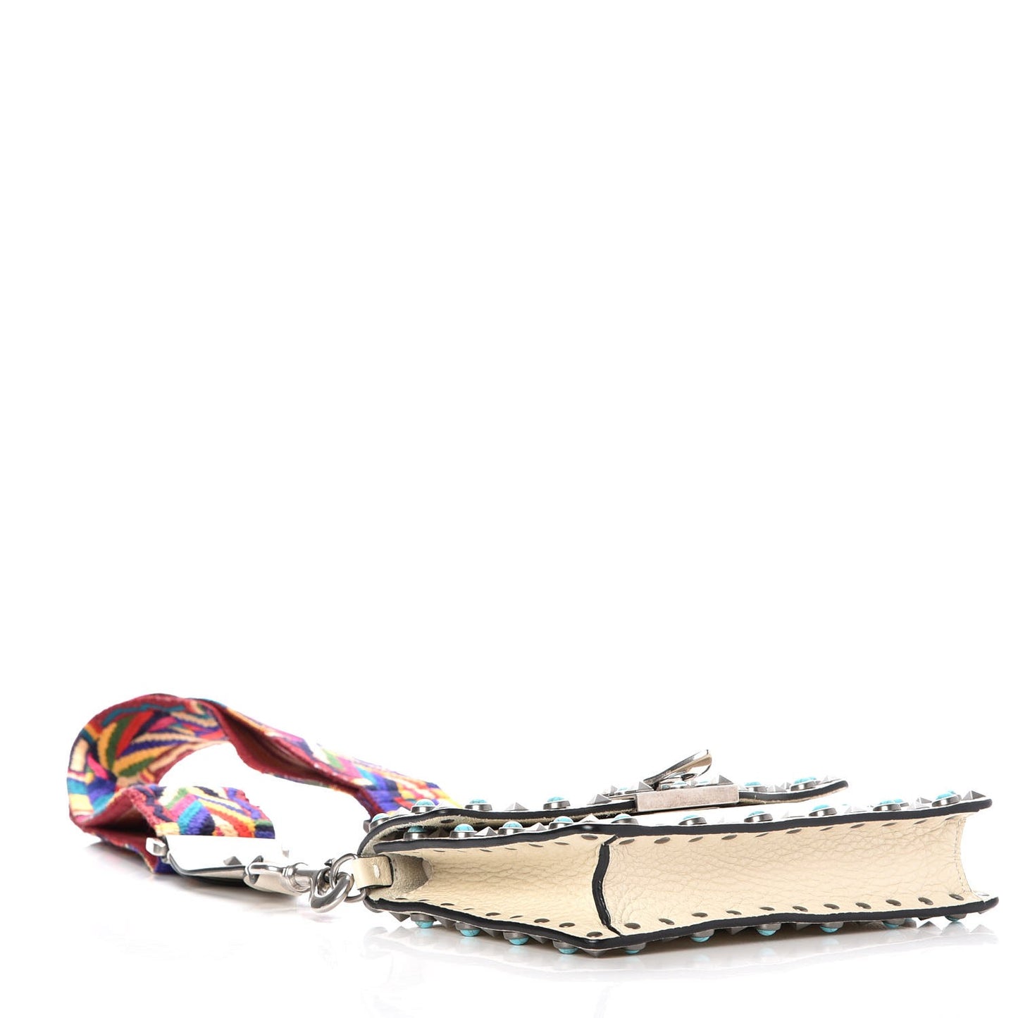 Grained Calfskin Small Guitar Strap Rockstud Rolling Shoulder Flap Bag Light Ivory
