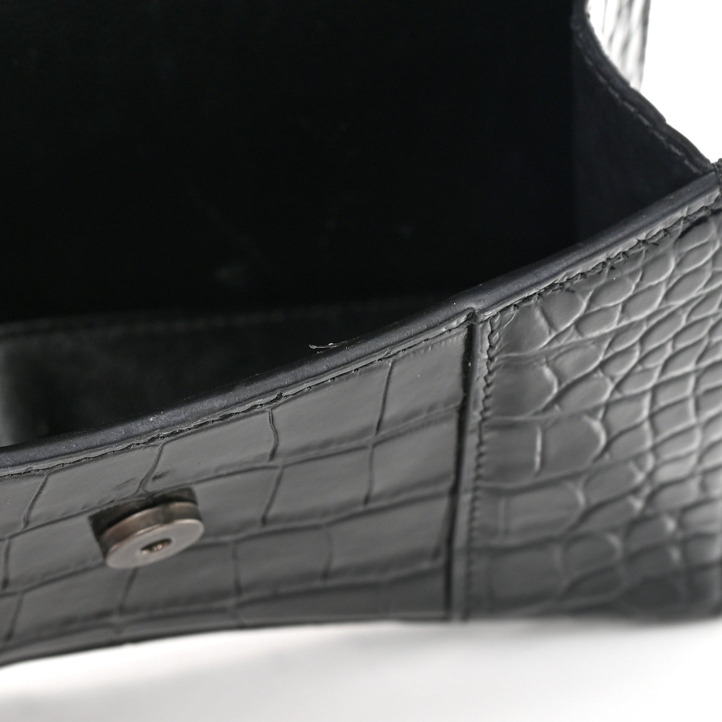 Shiny Calfskin Monochrome Crocodile Embossed Hourglass Top Handle Bag XS Black