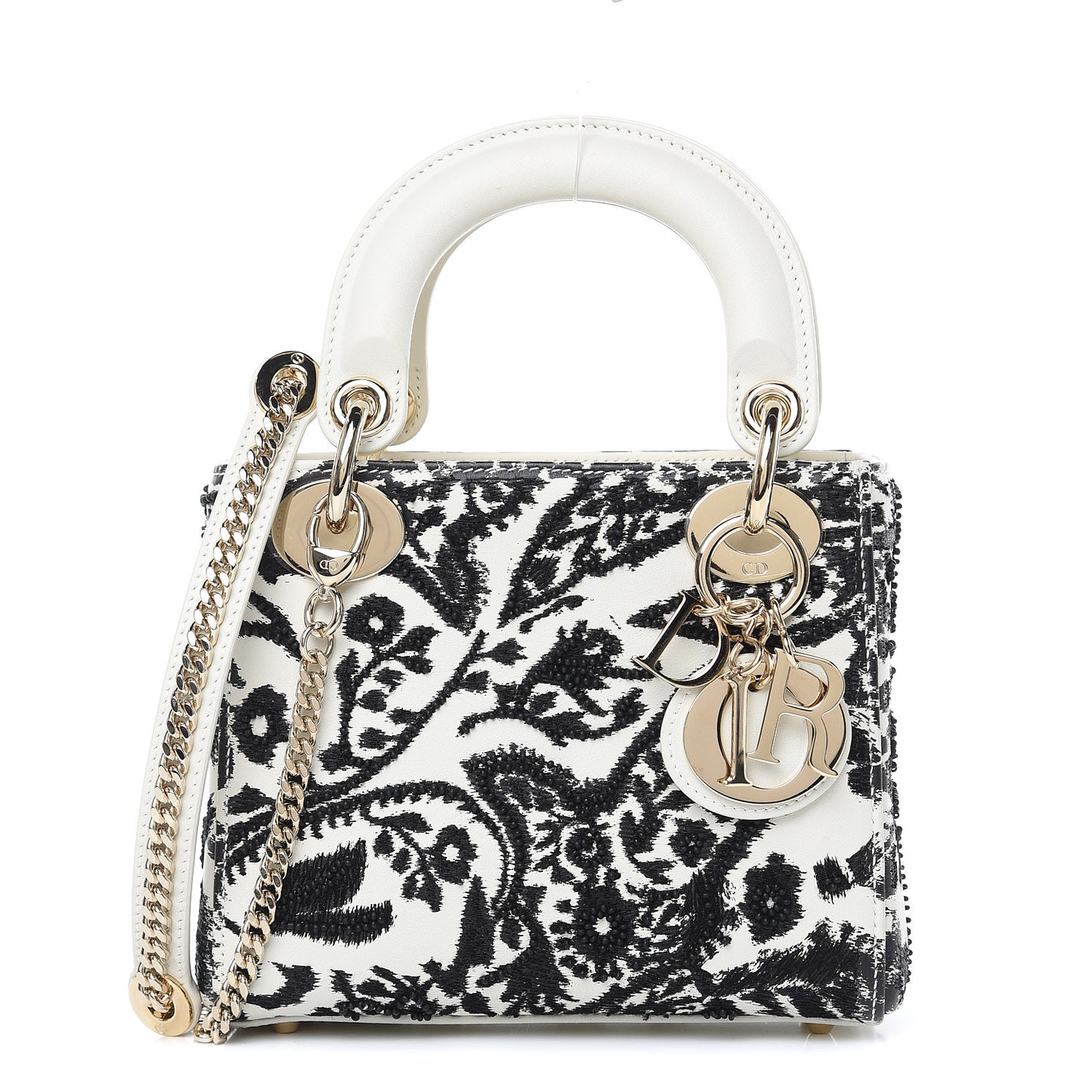 Smooth Calfskin Silkscreen Printed Floral Embroidered Mini Lady Dior Off White