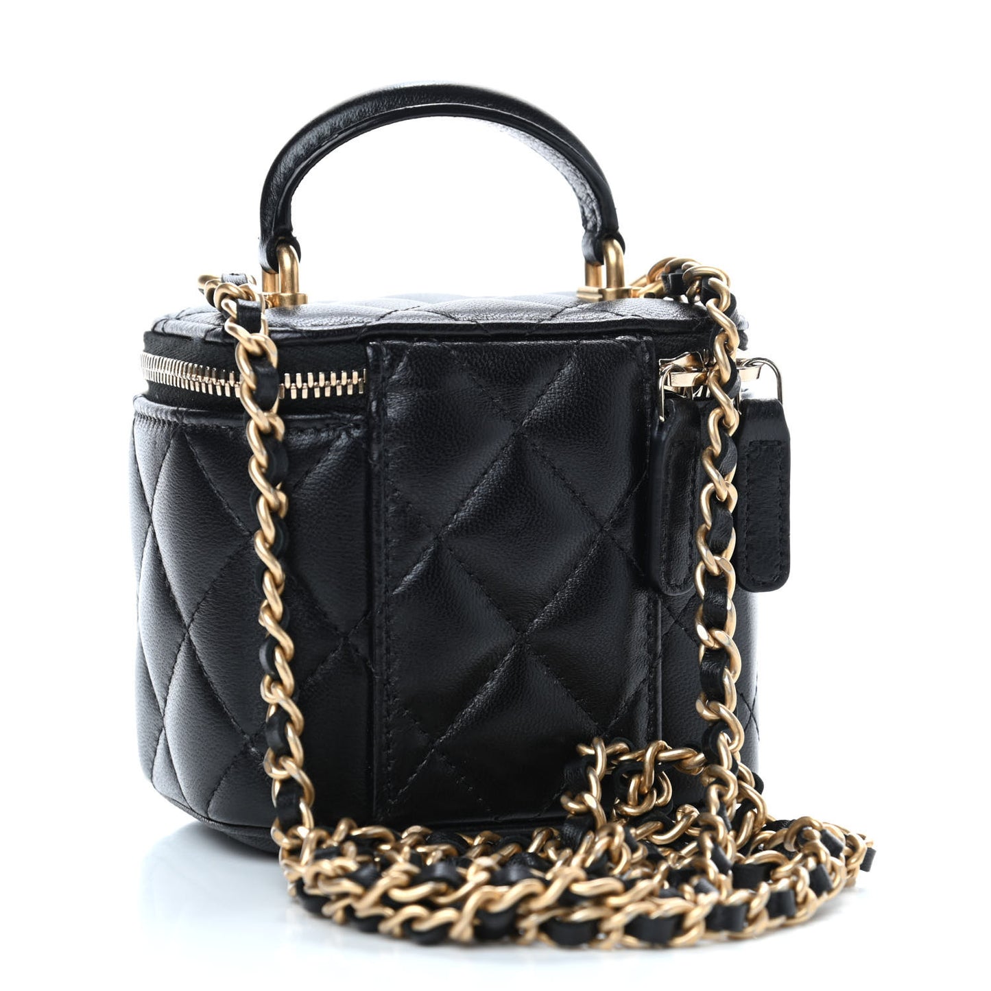 Lambskin Quilted Top Handle Mini Vanity Case With Chain Black