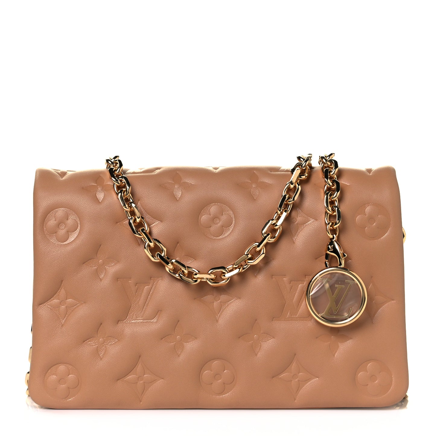 Lambskin Embossed Monogram Pochette Coussin Camel