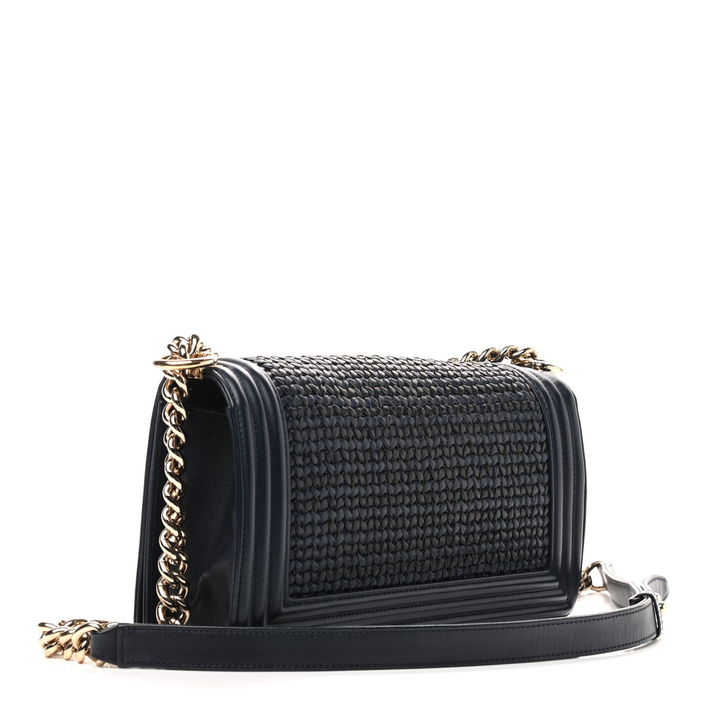 Lambskin Braided Woven Medium Boy Flap Navy Black