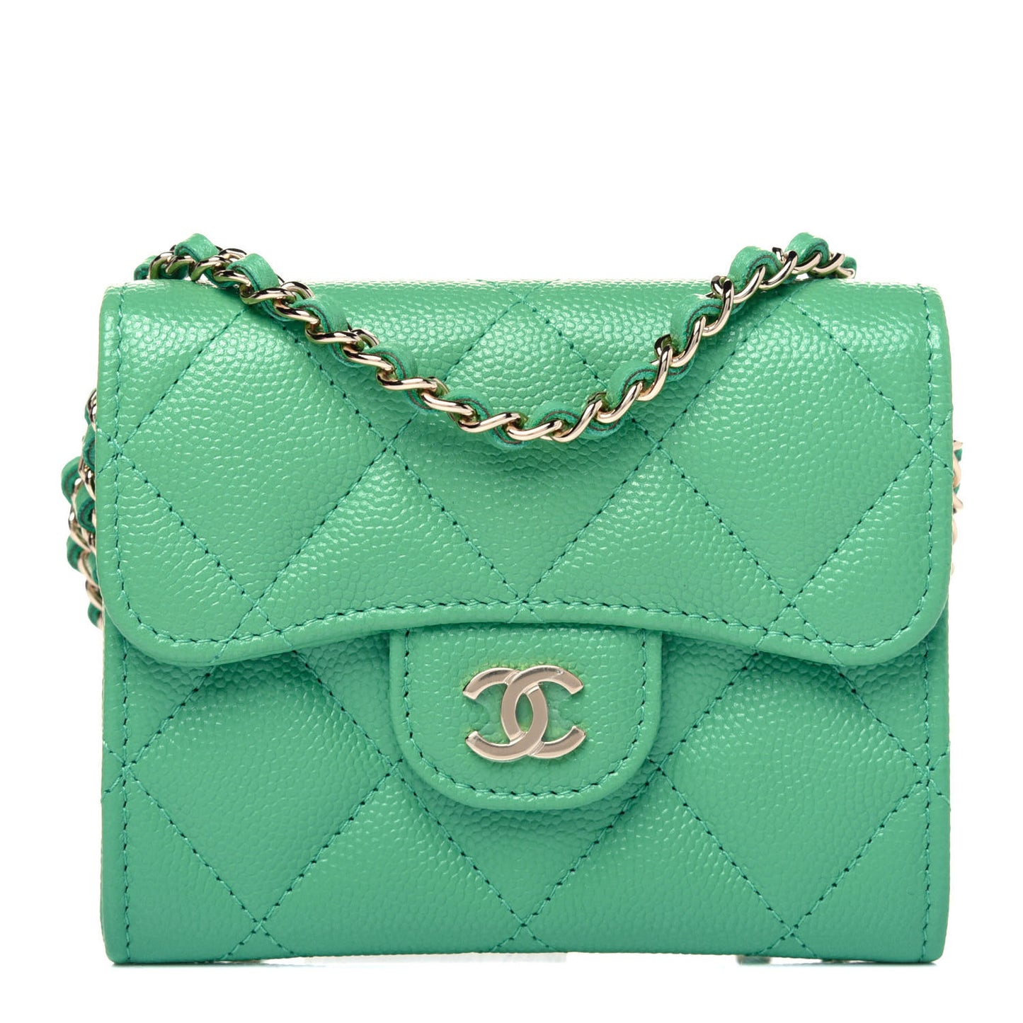 Caviar Quilted Flap Card Holder On Chain Light Green