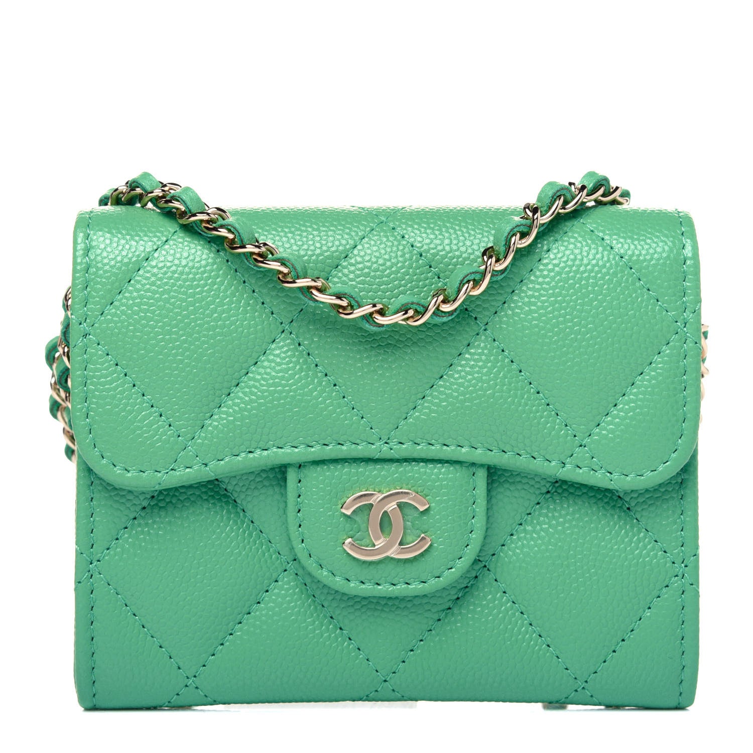 Chanel Caviar Quilted Flap Card Holder On Chain Light Green 1 of 12