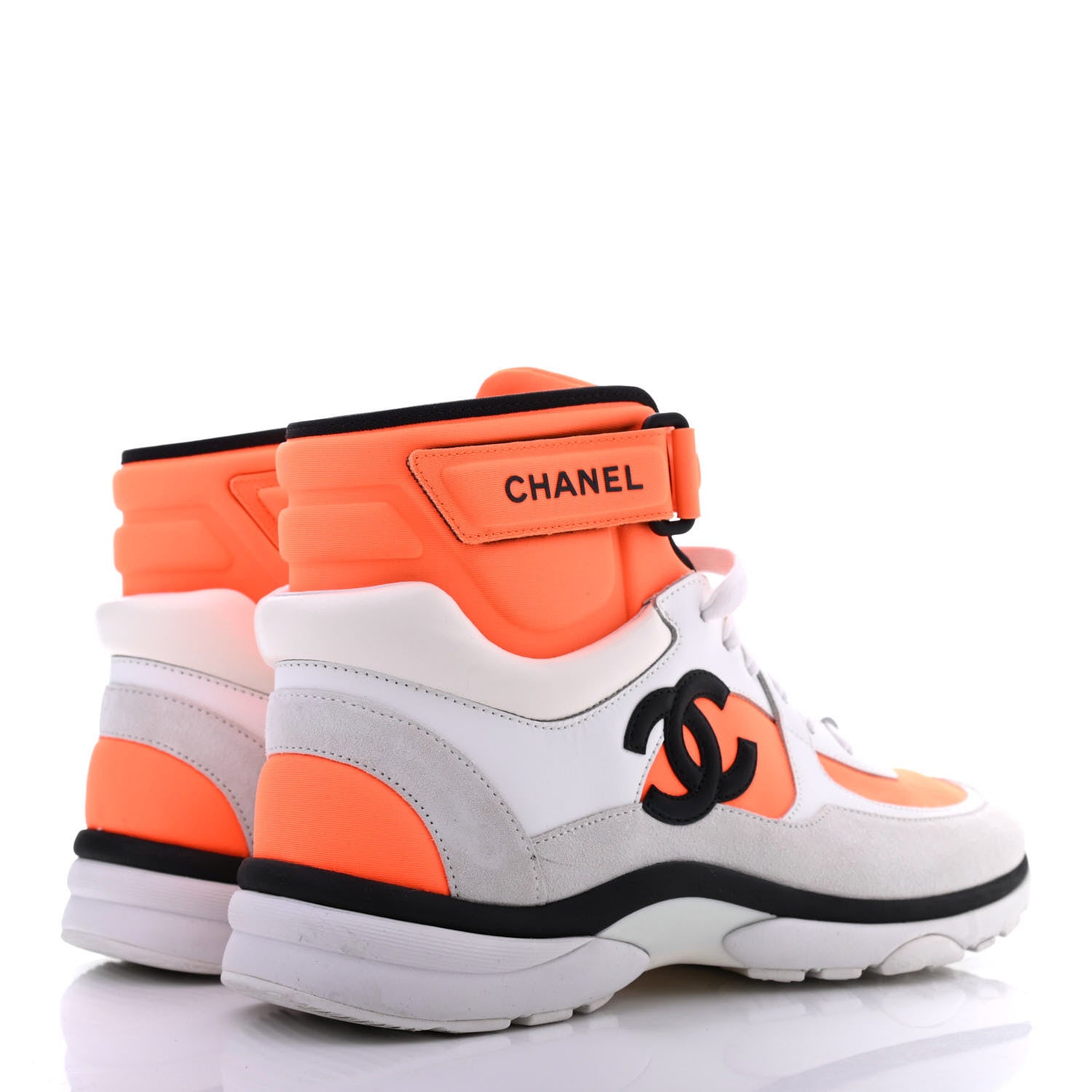 Chanel Suede Calfskin Lambskin Neoprene High Top CC Sneakers 40 White Fluo Orange 4 of 14