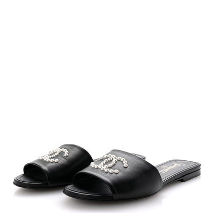Chanel Lambskin Pearl CC Sandals 38.5 Black 4 of 9