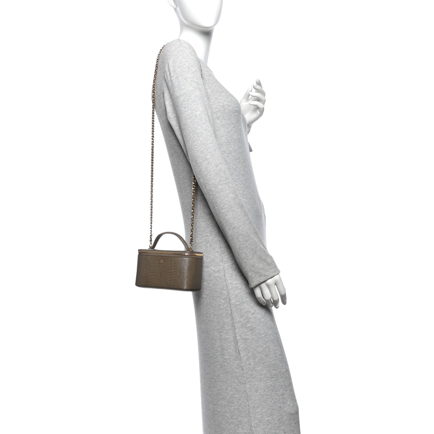 Chanel Calfskin Lizard Embossed Top Handle Vanity With Chain Dark Khaki 2 of 12