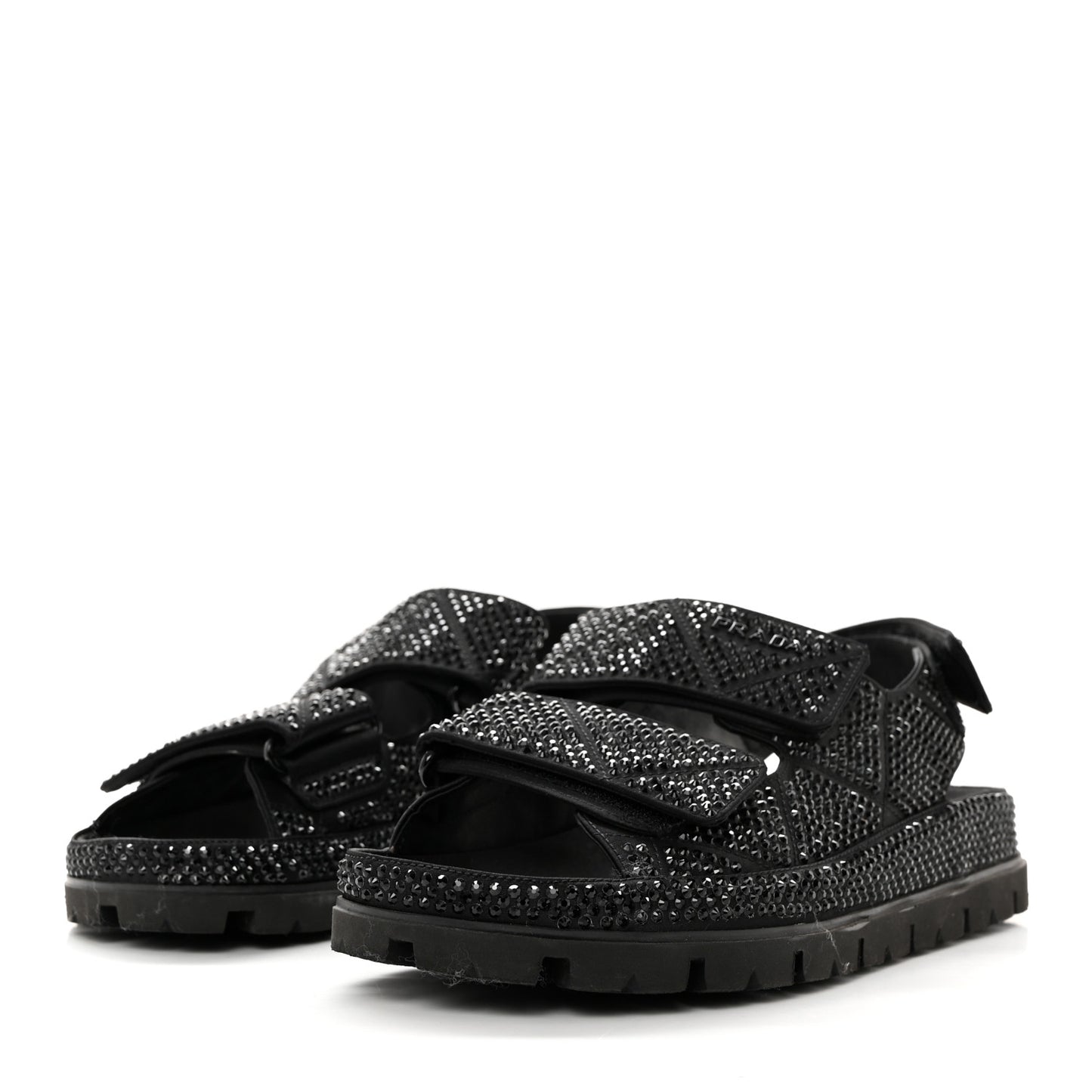 Satin Crystal Embellished Metal Logo Velcro Sandals 37.5 Black
