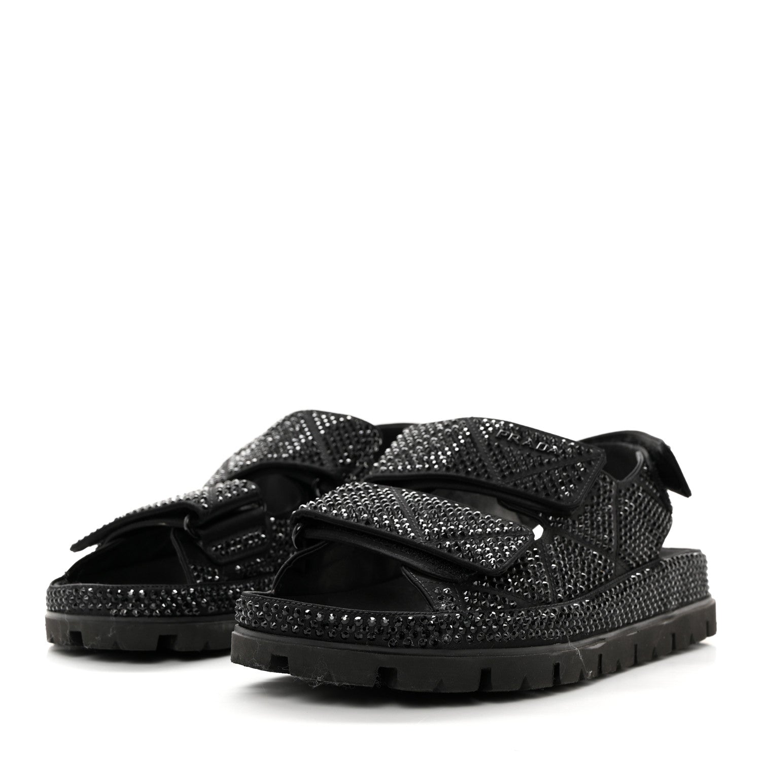 Prada Satin Crystal Embellished Metal Logo Velcro Sandals 37.5 Black 3 of 10