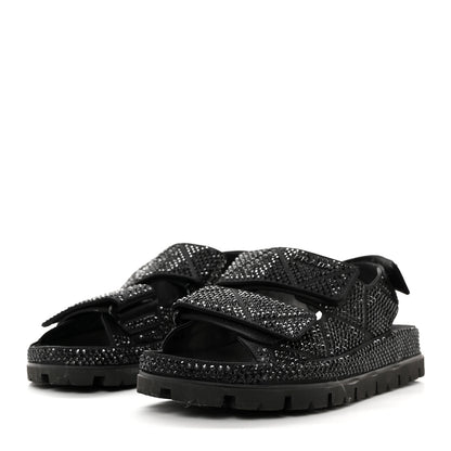Prada Satin Crystal Embellished Metal Logo Velcro Sandals 37.5 Black 3 of 10