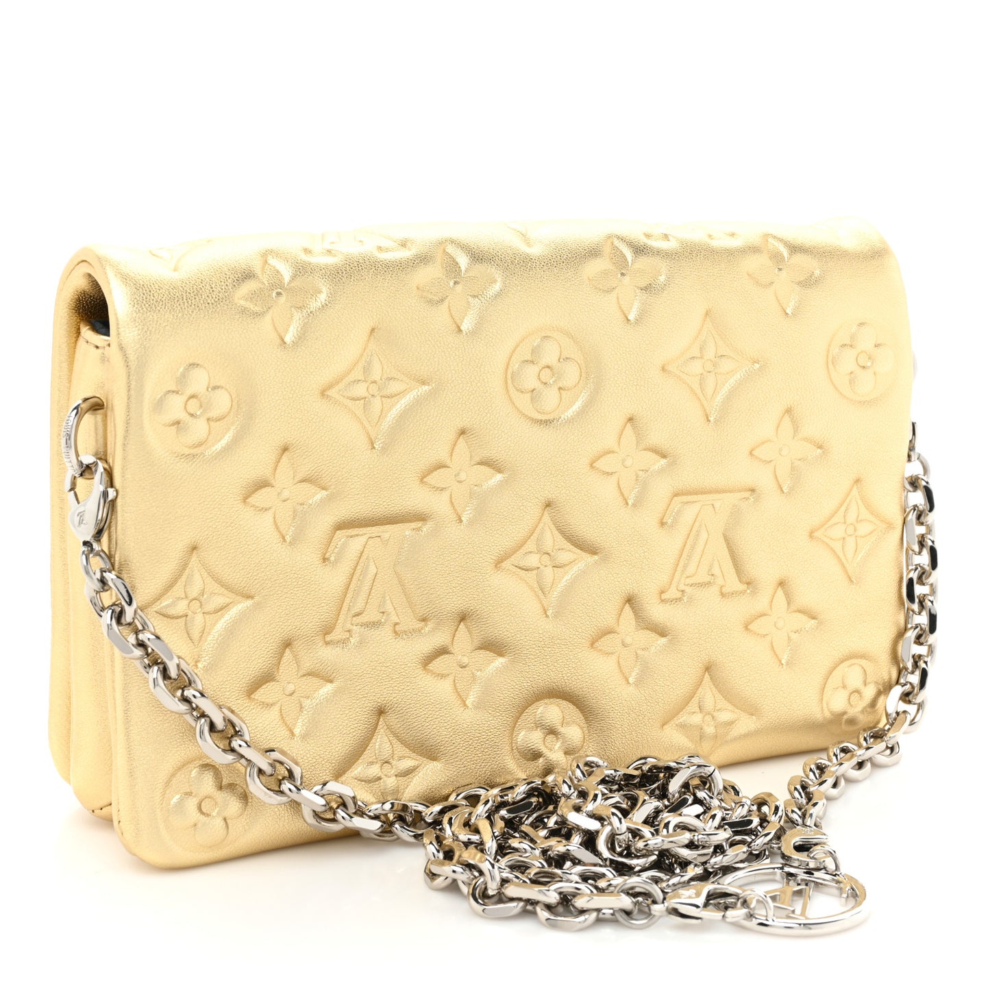 Metallic Lambskin Embossed Monogram Pochette Coussin Gold