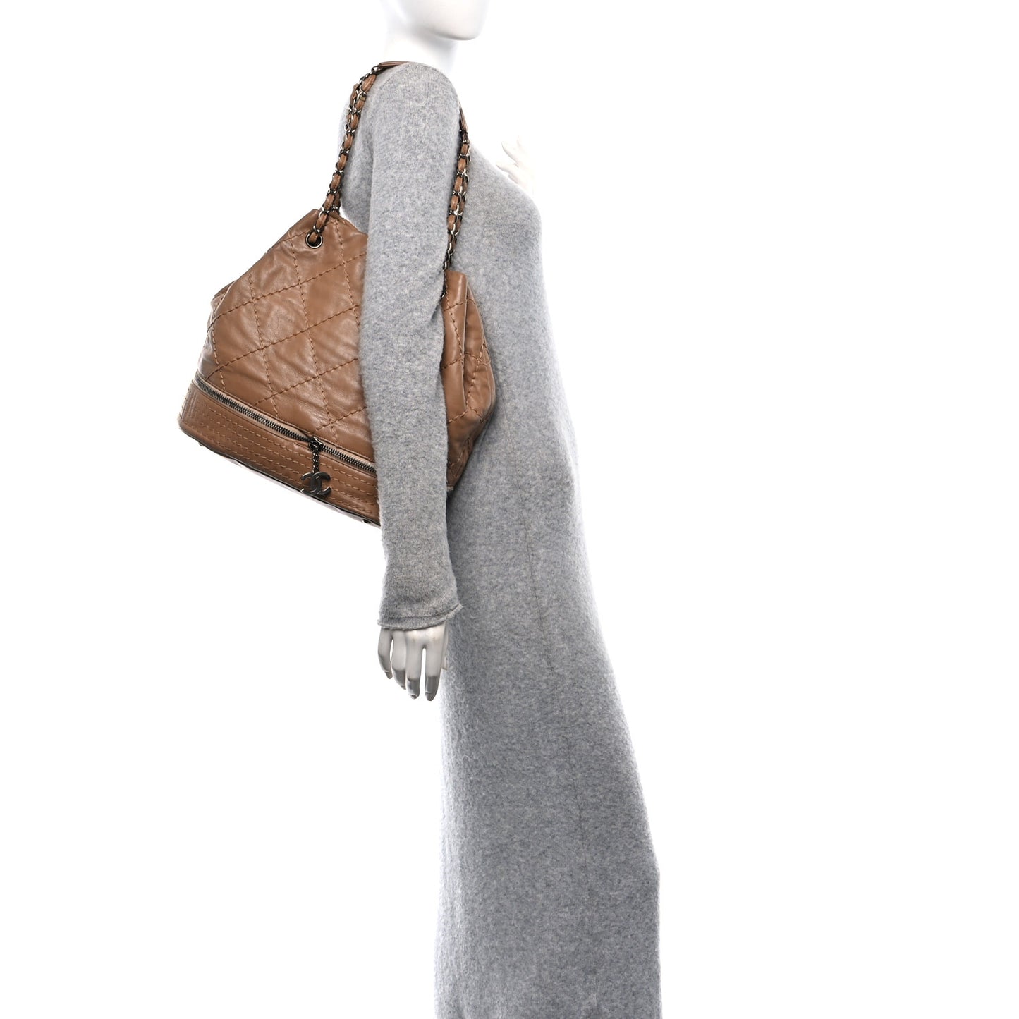 Lambskin Stitched Expandable Tote Beige
