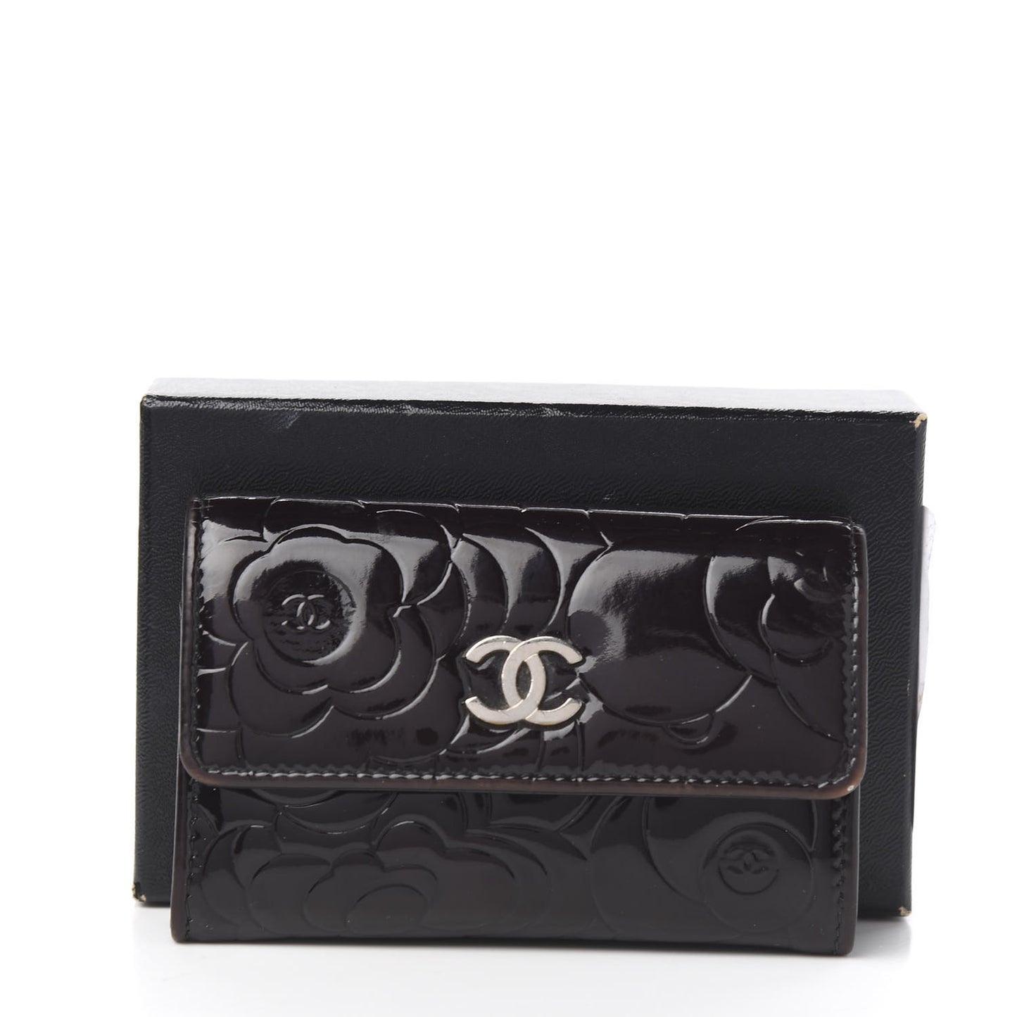Patent Camellia Embossed Card Holder Black