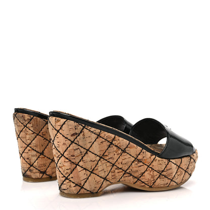 Chanel Patent Cork Quilted CC Wedge Mule Sandals 37 Black 4 of 8