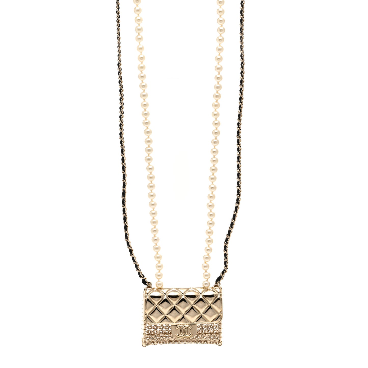 Metal Lambskin Pearl Chain Flap Bag Long Necklace Gold Black Pearly White