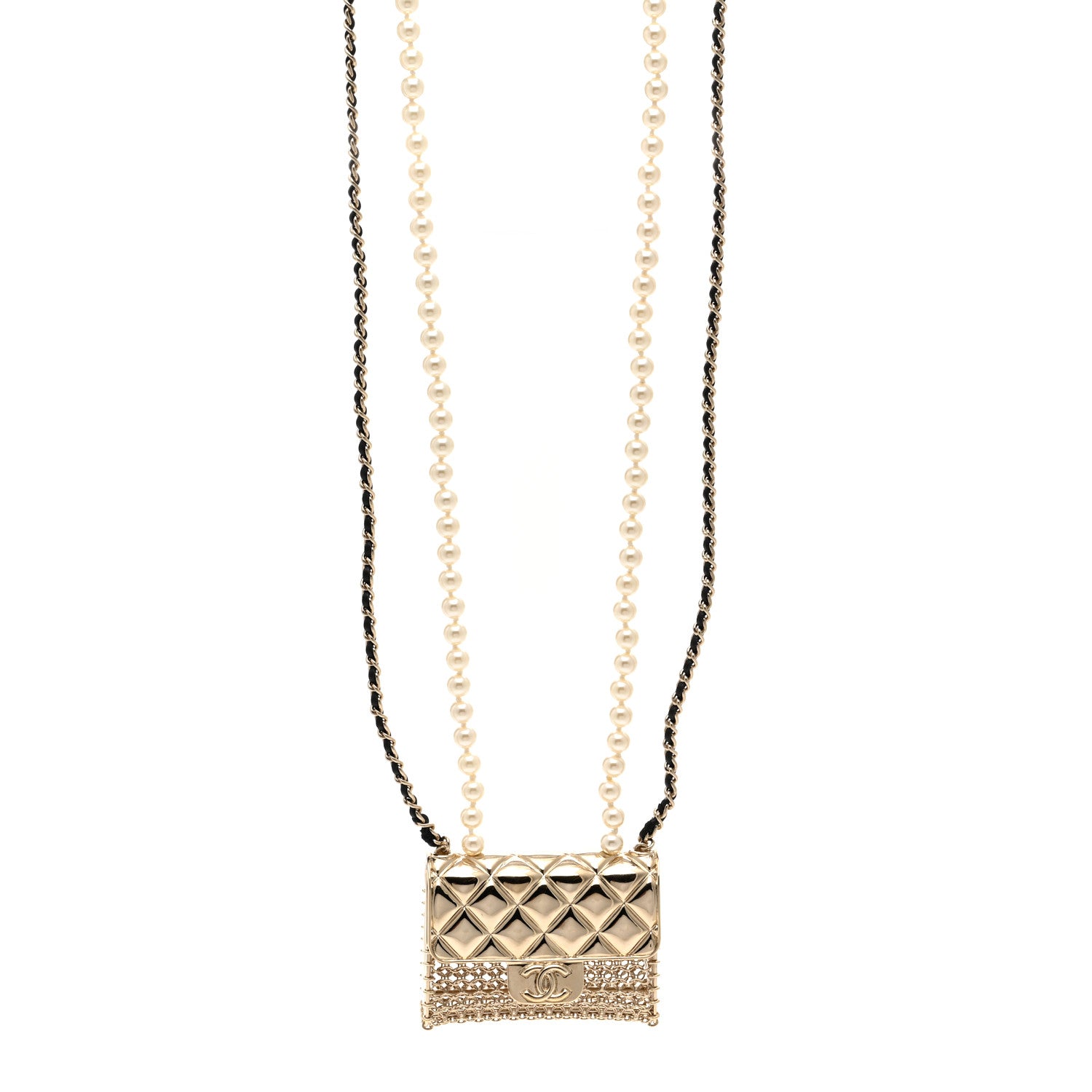 Chanel Metal Lambskin Pearl Chain Flap Bag Long Necklace Gold Black Pearly White 1 of 4