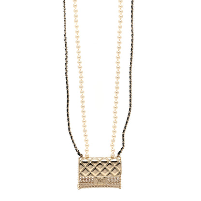 Chanel Metal Lambskin Pearl Chain Flap Bag Long Necklace Gold Black Pearly White 1 of 4