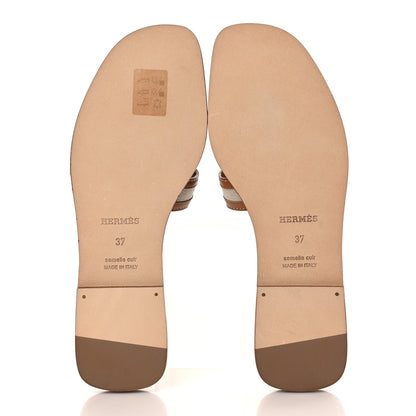 Hermes Calfskin Canvas Oran Sandals 37 Noisette Beige Dore 5 of 9