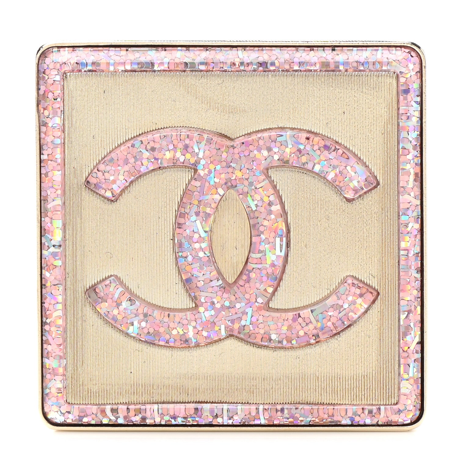 Chanel Resin Glitter Enamel Square CC Brooch Pink Gold 1 of 5