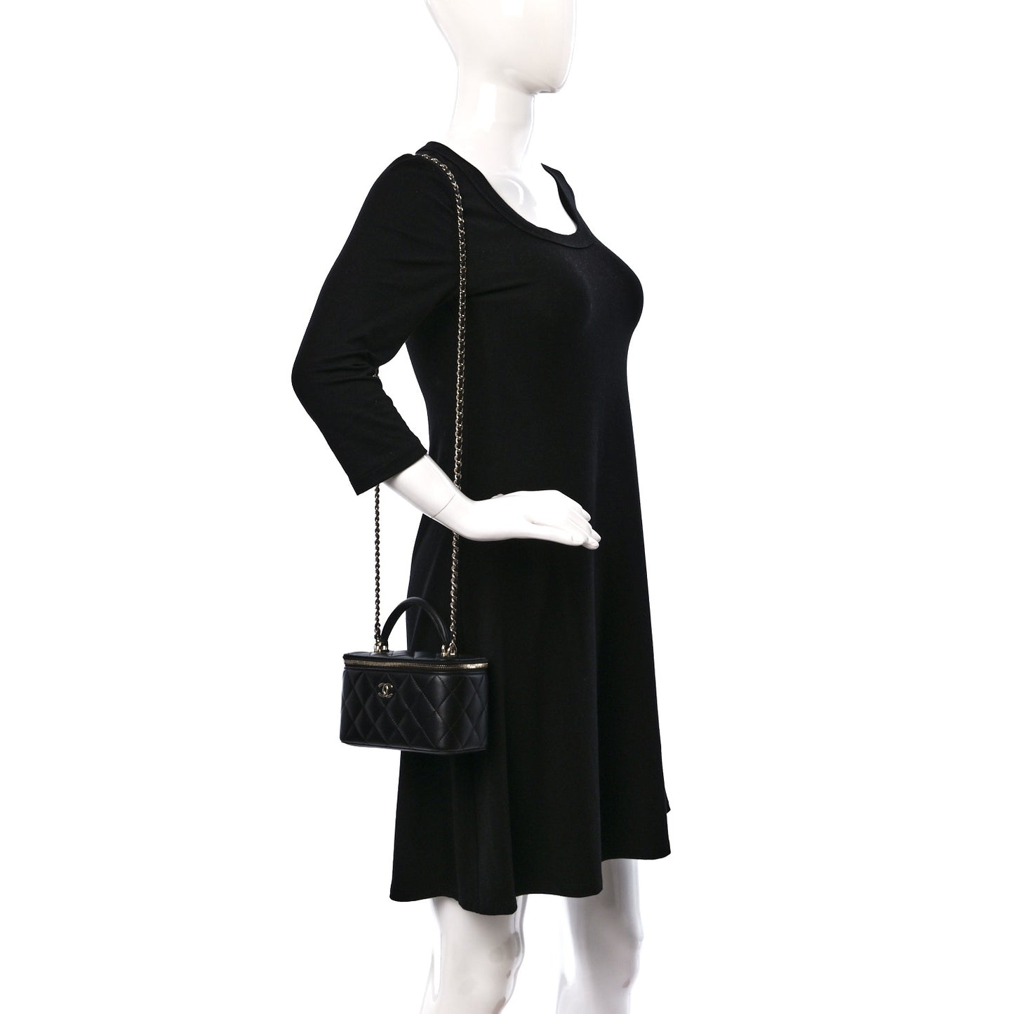 Lambskin Quilted Small Top Handle Vanity Case With Chain Black