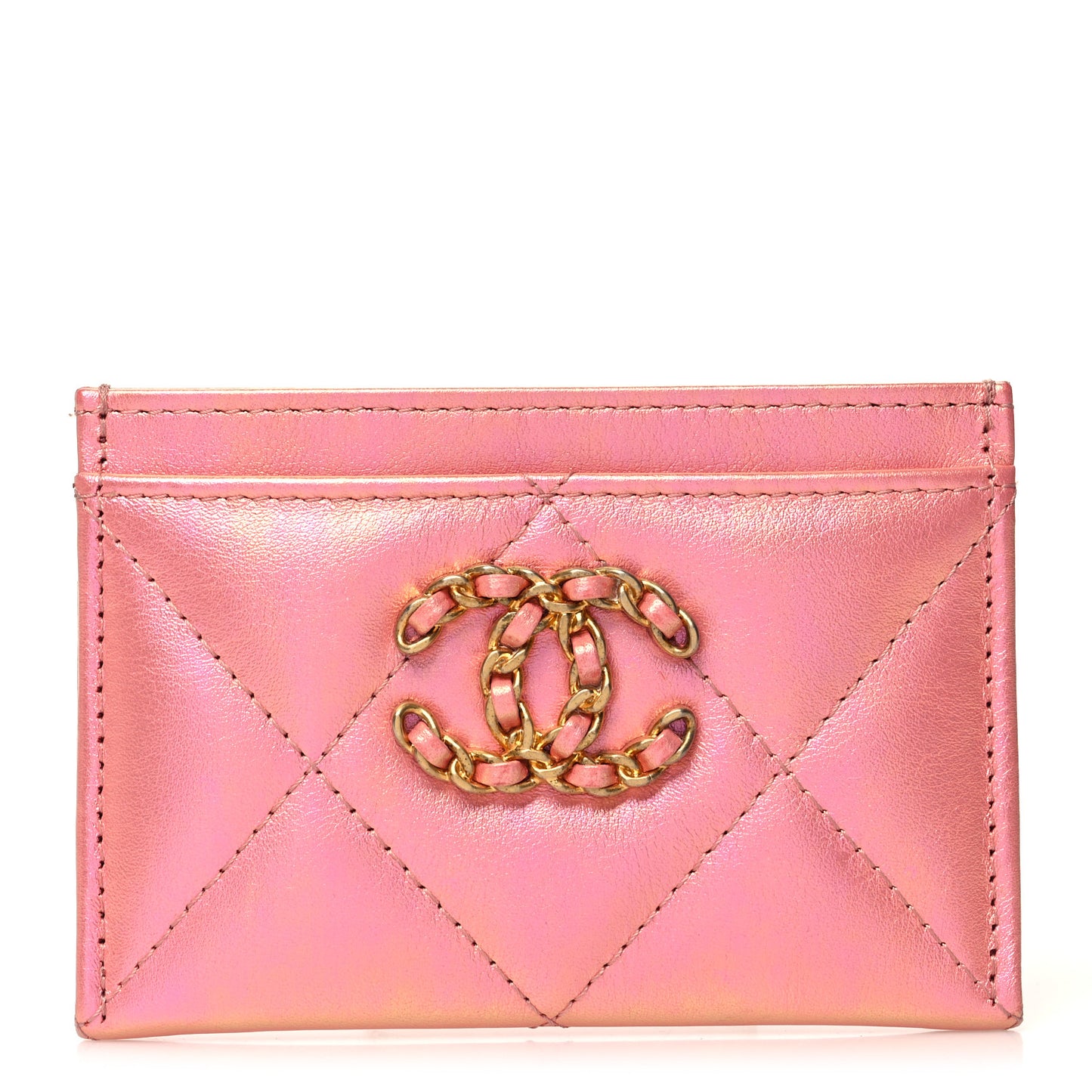 Iridescent Calfskin Quilted Chanel 19 Card Holder Pink